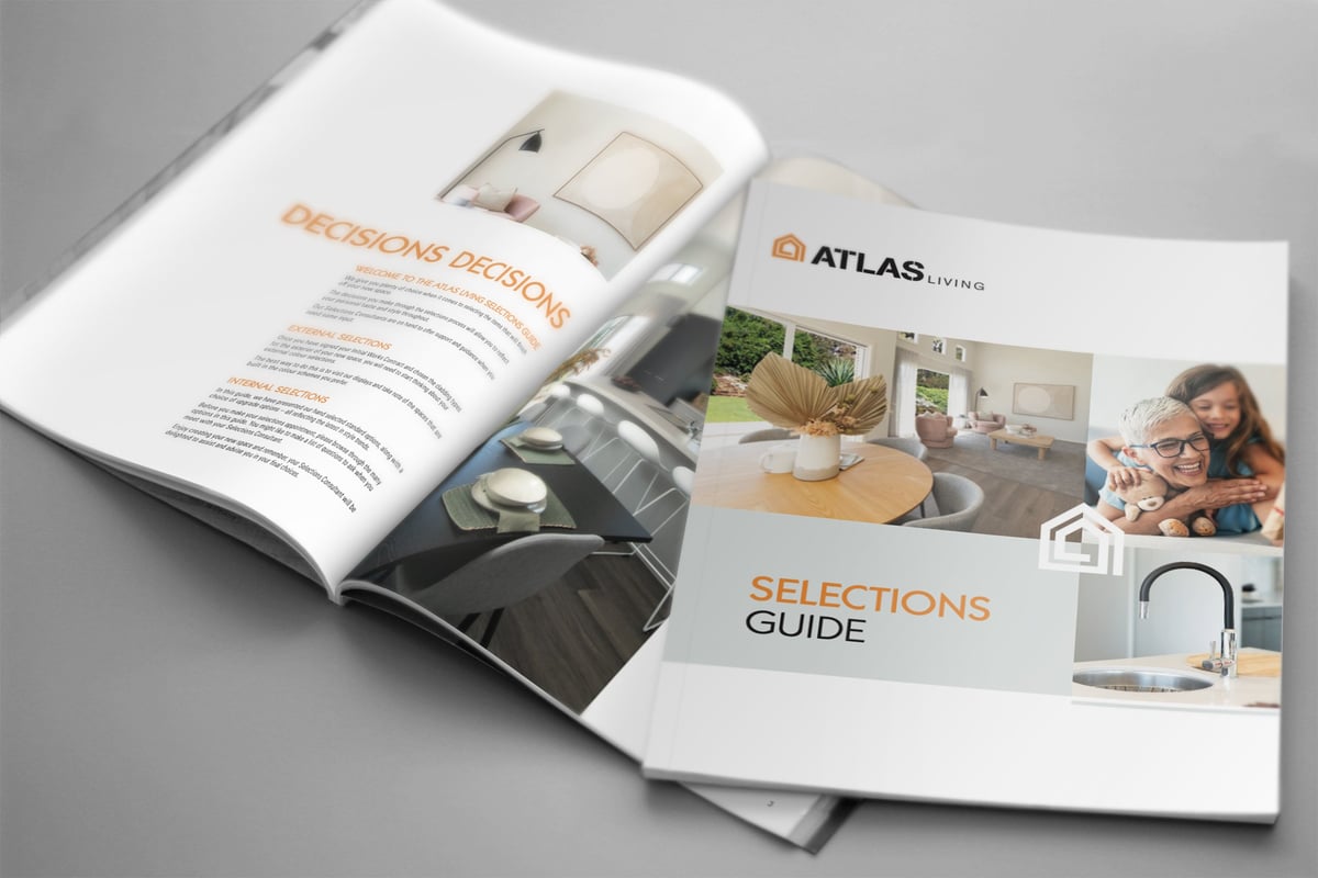 Open product catalog and selections guide for Atlas brand showing kitchen fixtures, sink faucets, and interior design options with lifestyle photography
