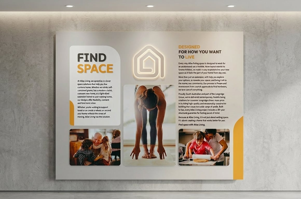 Brochure displaying Find Space content with house icon, text sections, and lifestyle photos mounted on concrete wall