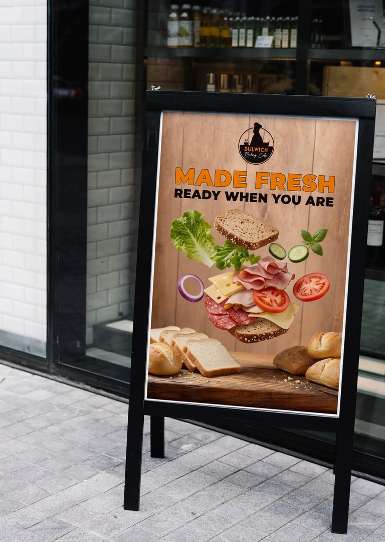 Sandwich shop sandwich board sign displaying fresh ingredients and Made Fresh Ready When You Are message on storefront