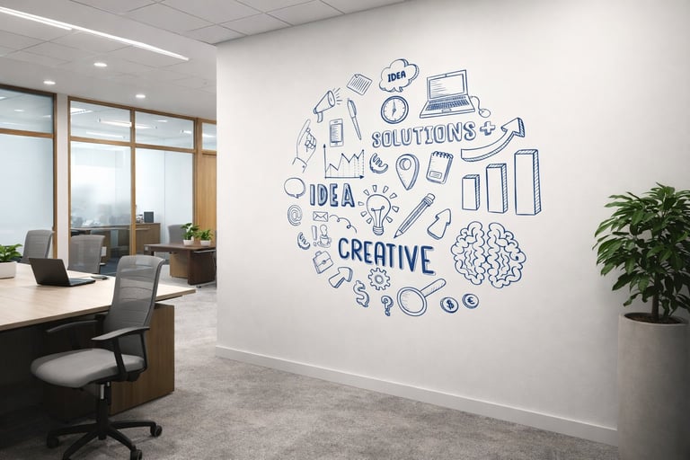 Modern office interior with wall mural featuring hand-drawn icons and text saying IDEA IS CREATIVE surrounding a brain graphic
