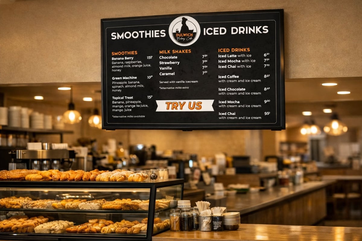Menu board displaying smoothies and iced drinks in a cafe with pastry display case and warm interior lighting