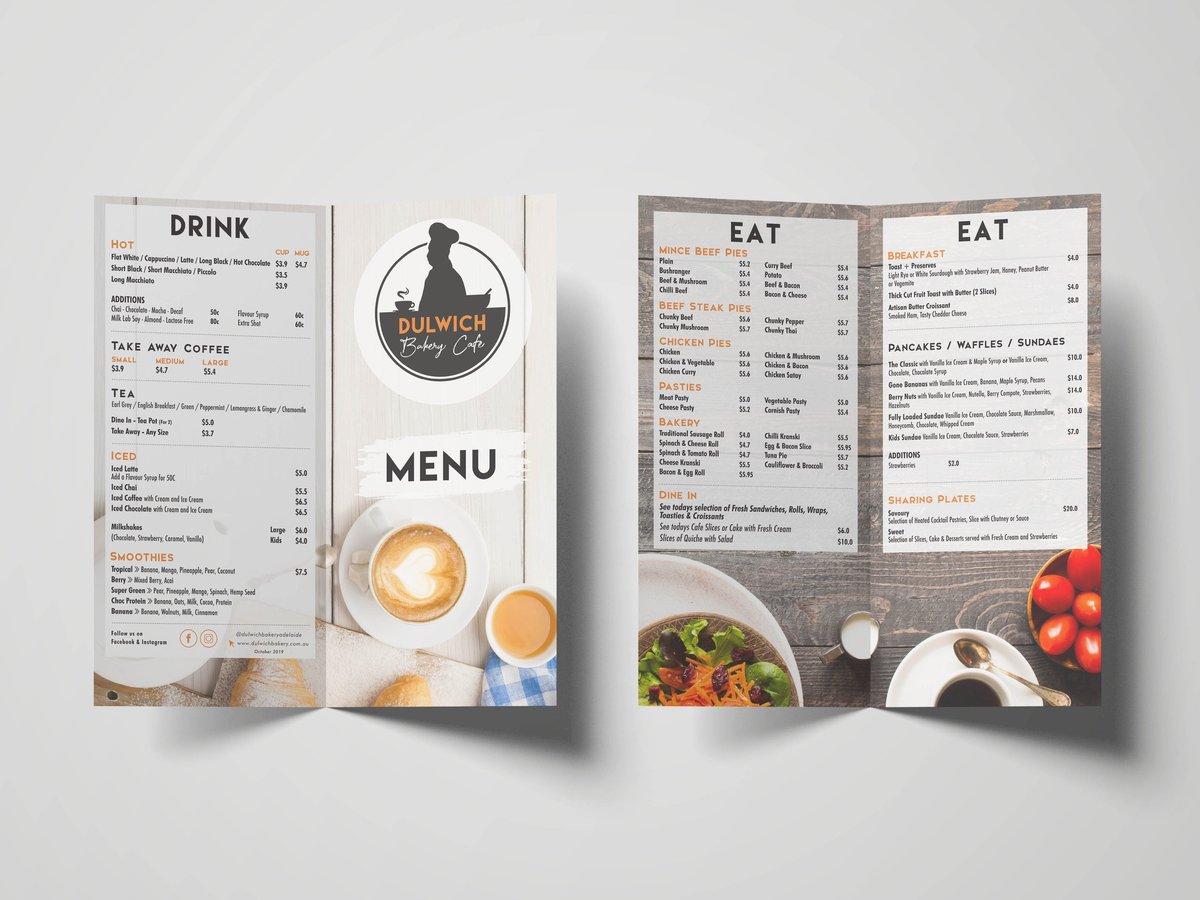 Tri-fold restaurant menu design displaying drink and food sections with coffee and salad images