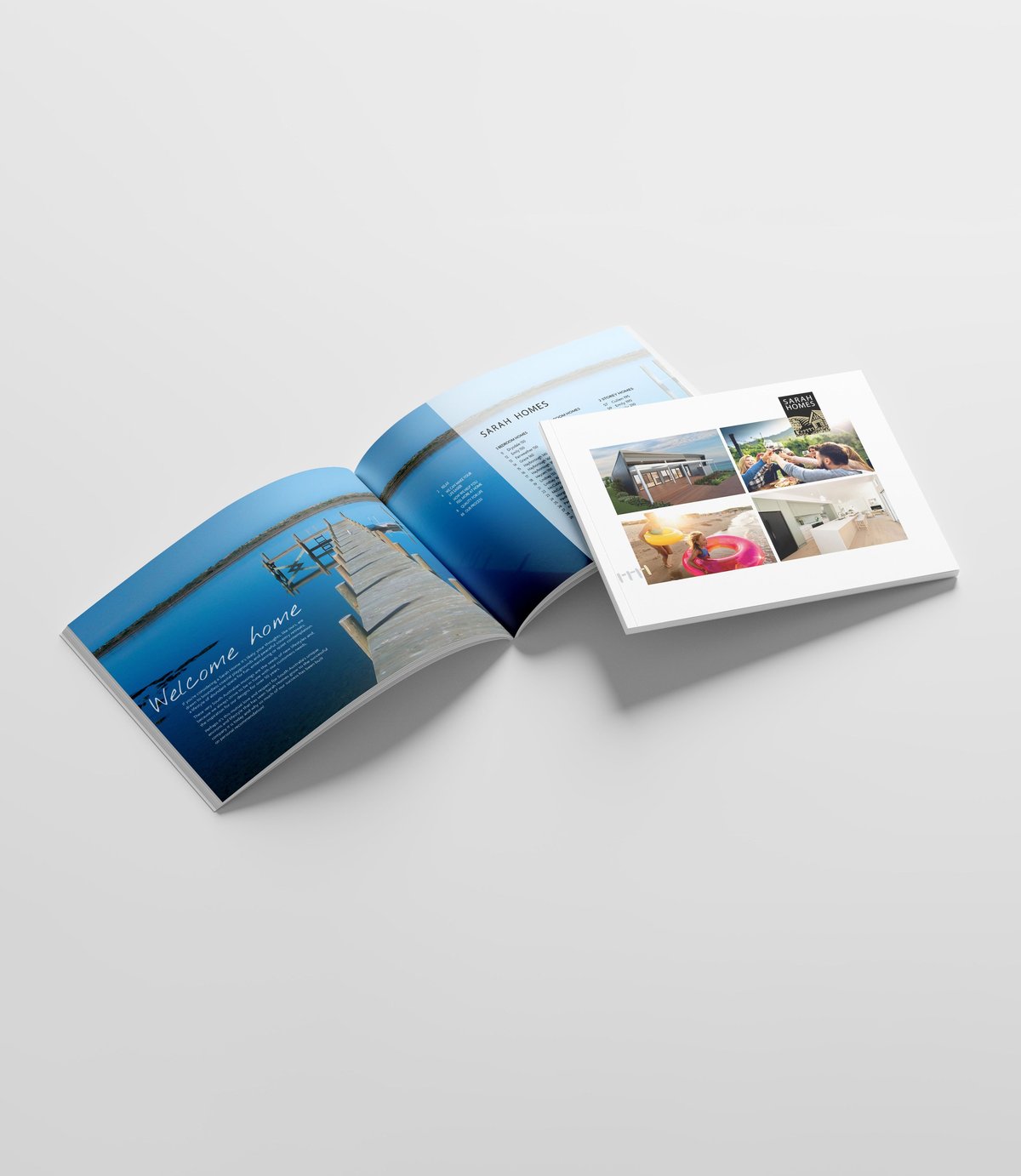 Three mockup brochures displayed at angles: blue folded brochures and a white brochure with photo grid layout on light background