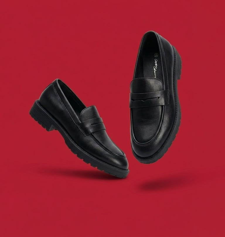 Two black leather loafers displayed against a vibrant red background