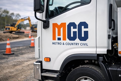 White MGC Metro & Country Civil truck parked at construction site with excavator and traffic cones visible in background
