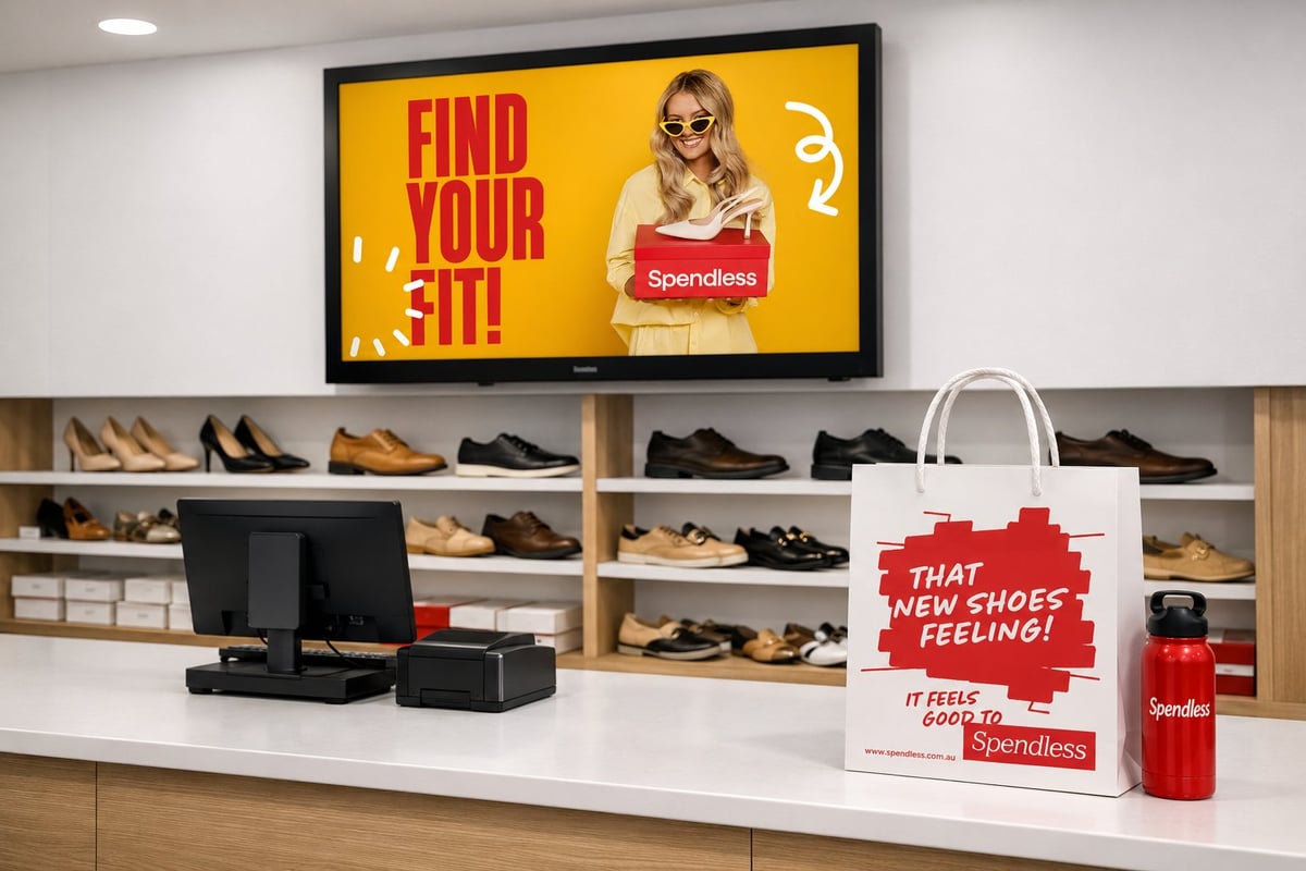 Retail shoe store counter with display screen showing Find Your Fit campaign, branded shopping bags, and footwear on shelves