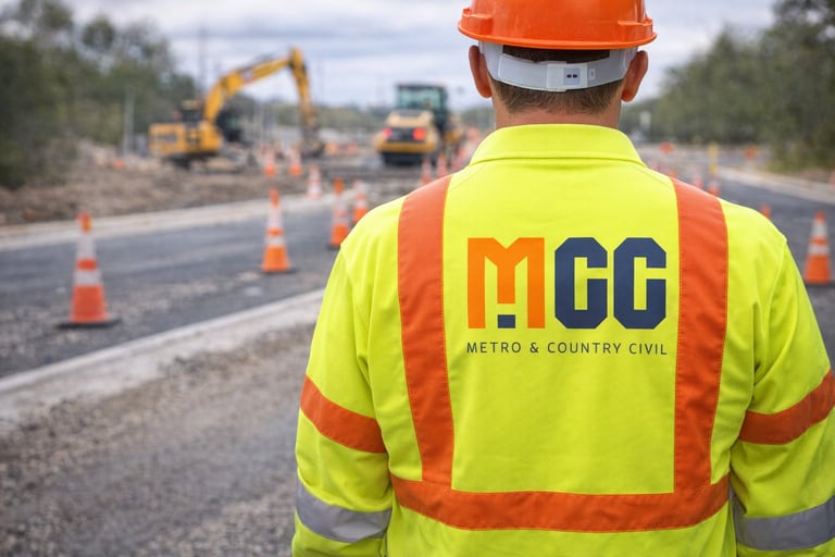 Construction worker in MGC safety vest and orange hard hat standing on a highway construction site with heavy machinery and traffic cones in background