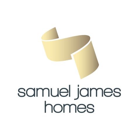 Samuel James Homes logo featuring stylized gold ribbon design with company name in gray text below