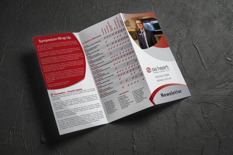 Tri-fold newsletter brochure displayed open on dark textured surface, showing red panel, content pages, and product images