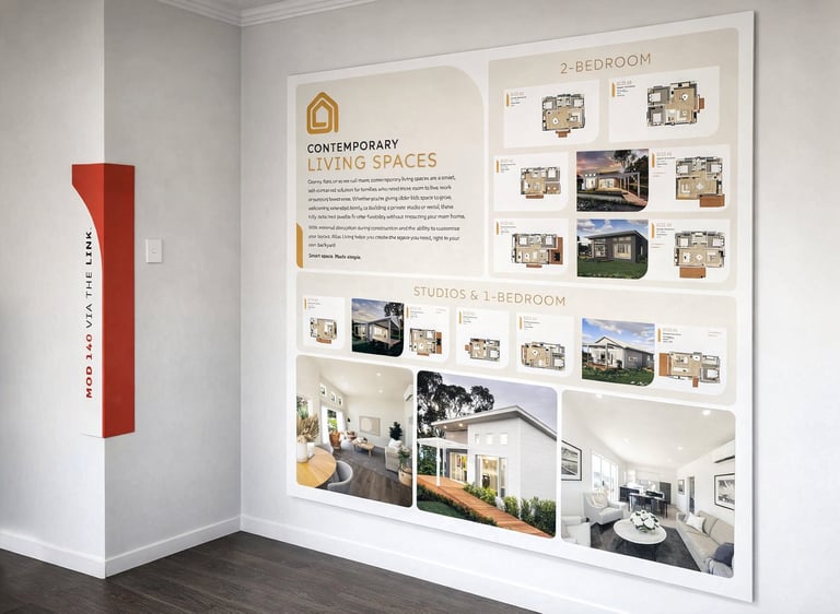 Gallery wall display showing contemporary living spaces with floor plans and interior photos of 2-bedroom and 3-bedroom apartments
