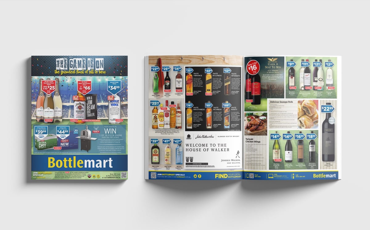 Three Bottlemart catalog covers displaying various alcoholic beverages, wine bottles, and product promotions on light background.