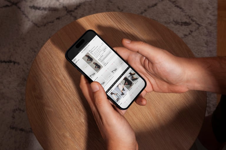 Person holding smartphone displaying a social media feed with photos on wooden table